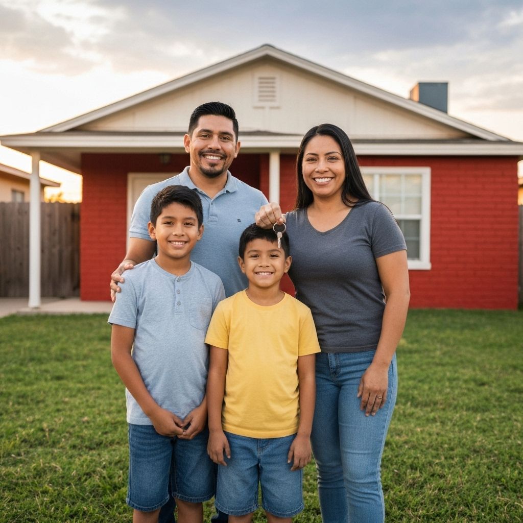 Hispanic family holding keys in front of their modest home