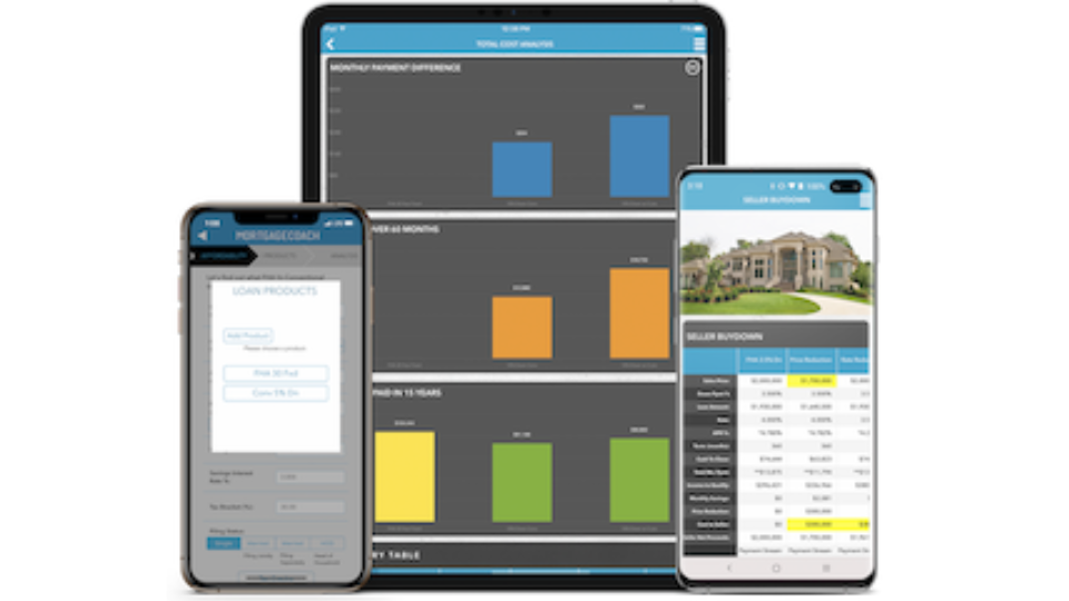 Mortgage technology platform showing analytics and loan information across multiple devices